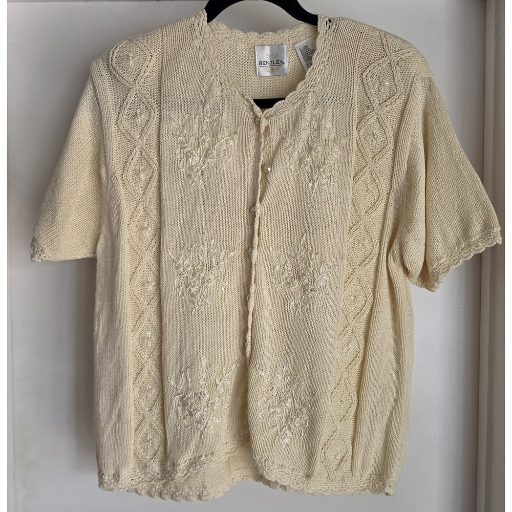 Vintage Bentley Women's Cardigan L Cream Ramie Cotton Pearl Knit Cottagecore